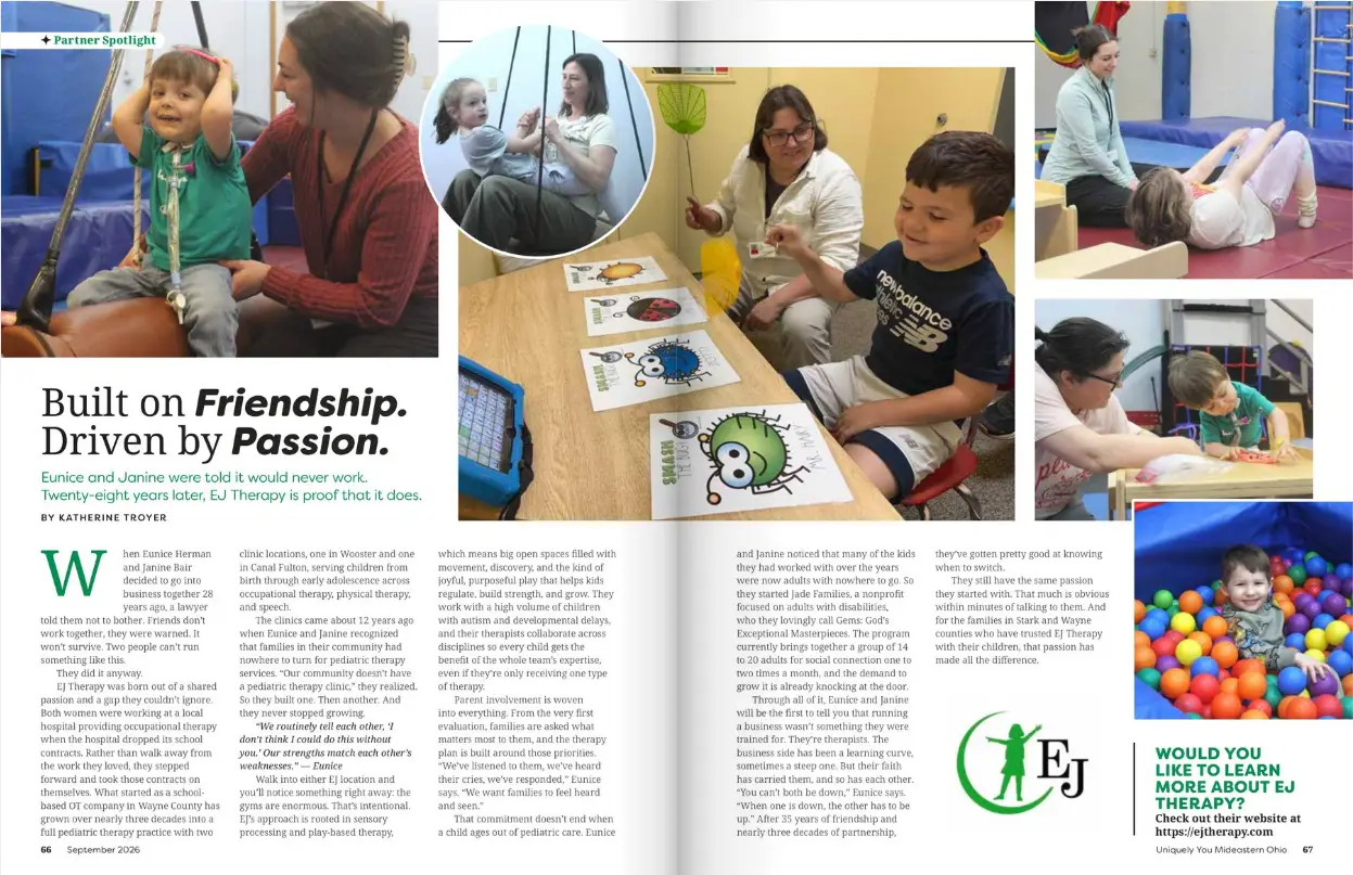 Collage of children in a therapy setting with caregivers: a child on a therapy horse with an adult, a child on a swing ride with a clinician, and kids at a table doing activities with a therapist in a clinic environment.